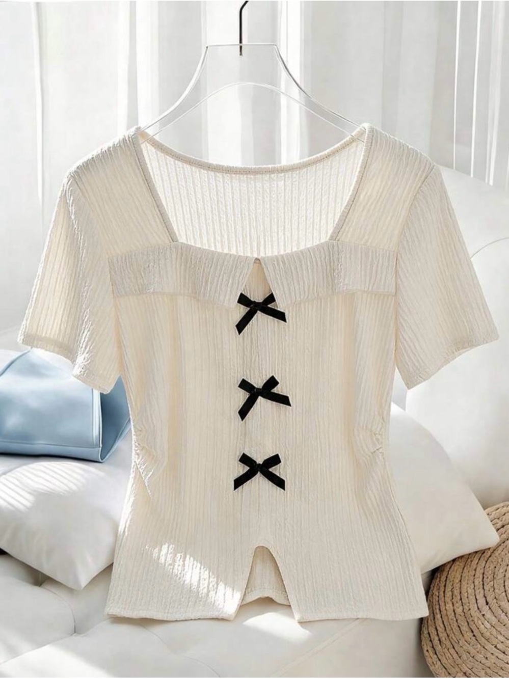 Women Tshirt soft cream square neckline with three black bow